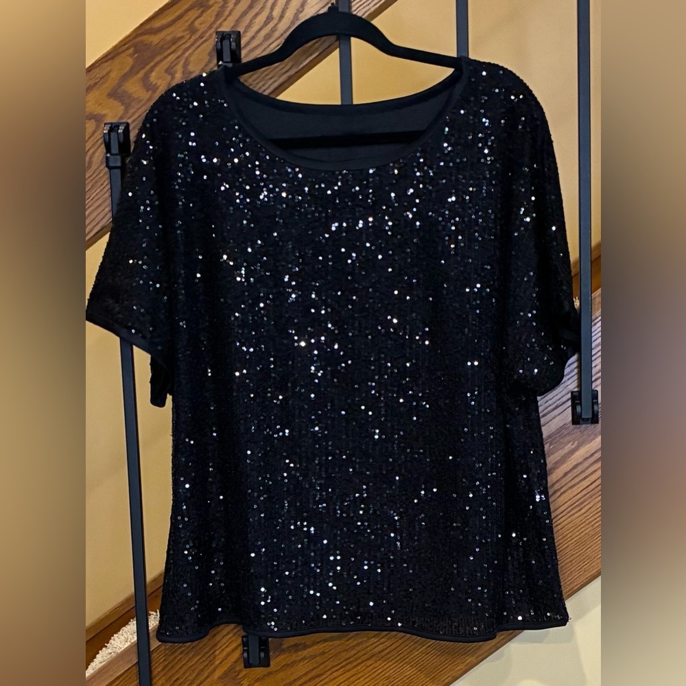 Sucolan Black Sequin Top Short Sleeve Satin Trim SZ. XL NWOT